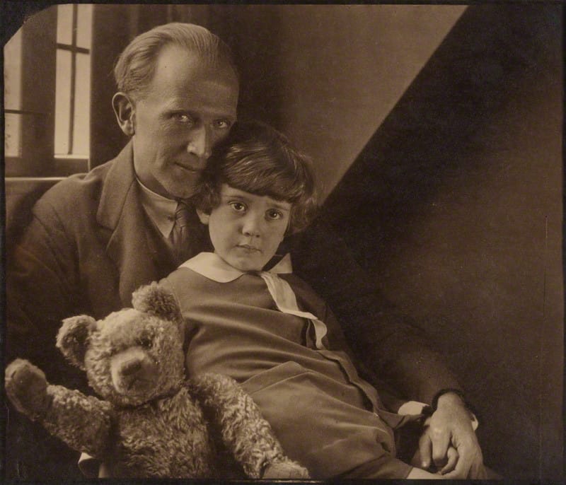 A.A. Milne with Christopher Robin and Winnie the Pooh by Howard Coster in 1926 from the National Portrait Gallery 